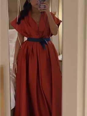 Orange/Red Satin V-Neck Maxi Evening Dress with Deep Turqoise Waist Tie